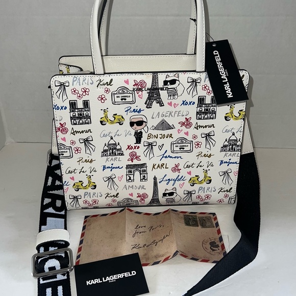 Karl Lagerfeld White Graphic Print Handbag with Logo Strap - Picture 7 of 16